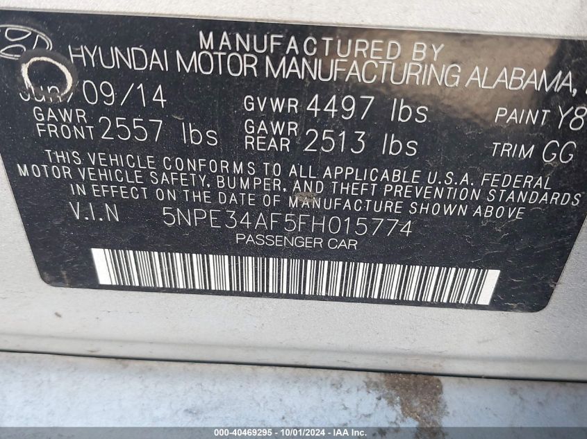 5NPE34AF5FH015774 2015 Hyundai Sonata Limited