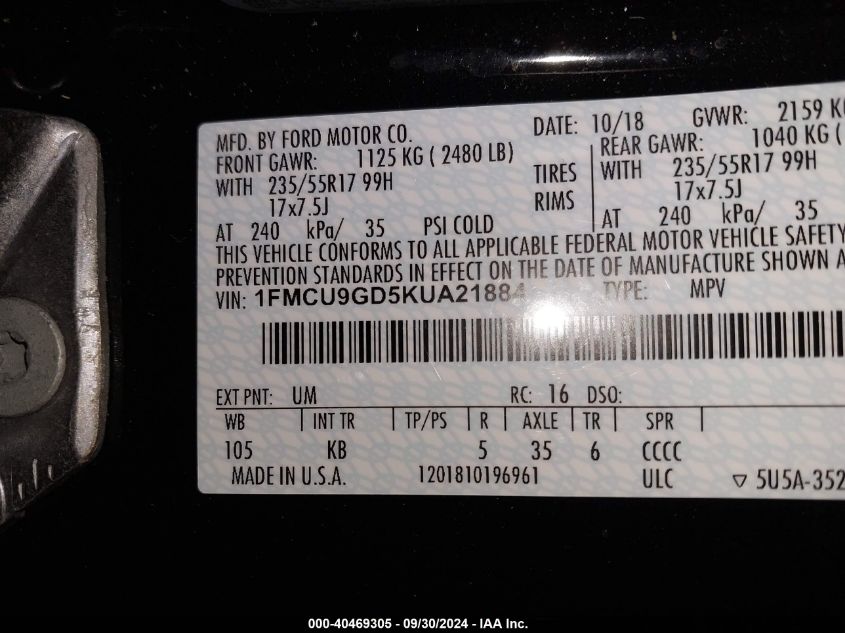 1FMCU9GD5KUA21884 2019 Ford Escape Se