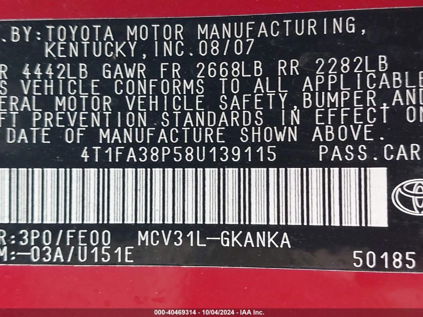 4T1FA38P58U139115 2008 Toyota Camry Solara Se