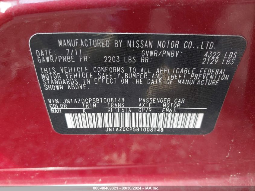 2011 Nissan Leaf Sl VIN: JN1AZ0CP5BT008148 Lot: 40469321