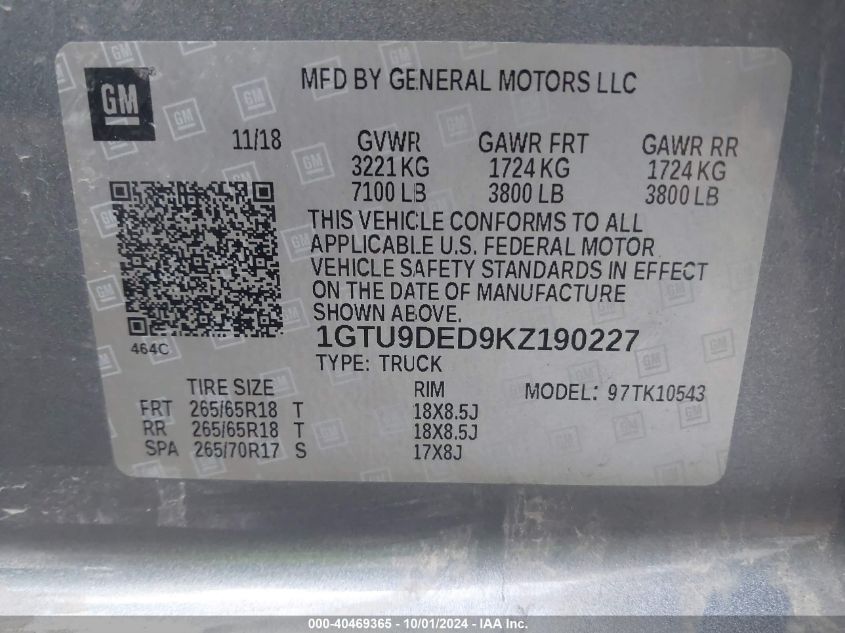 1GTU9DED9KZ190227 2019 GMC Sierra K1500 Slt