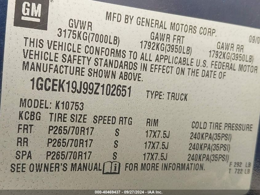 1GCEK19J99Z102651 2009 Chevrolet Silverado 1500 Work Truck