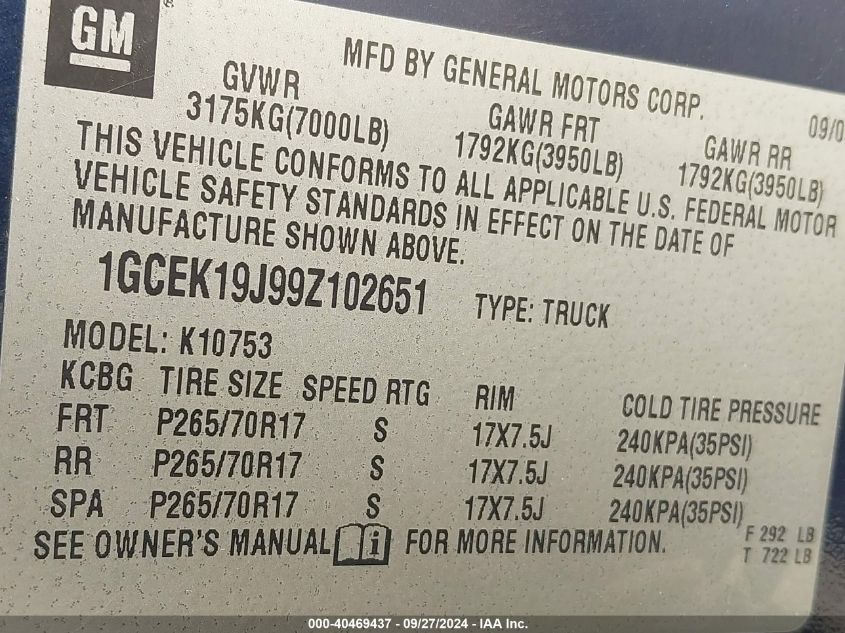 2009 Chevrolet Silverado 1500 Work Truck VIN: 1GCEK19J99Z102651 Lot: 40469437