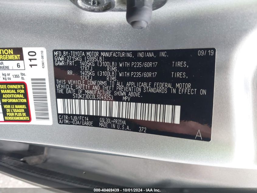 2020 Toyota Sienna Le VIN: 5TDKZ3DC0LS049253 Lot: 40469439