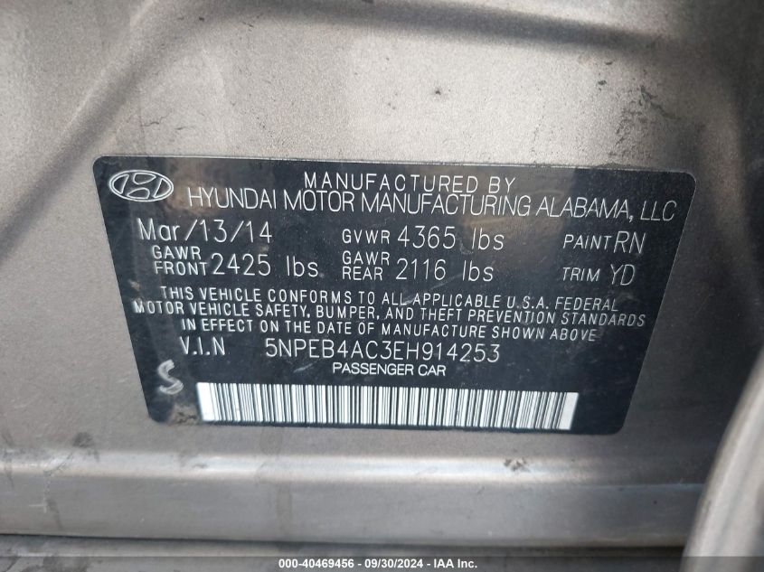 5NPEB4AC3EH914253 2014 Hyundai Sonata Gls