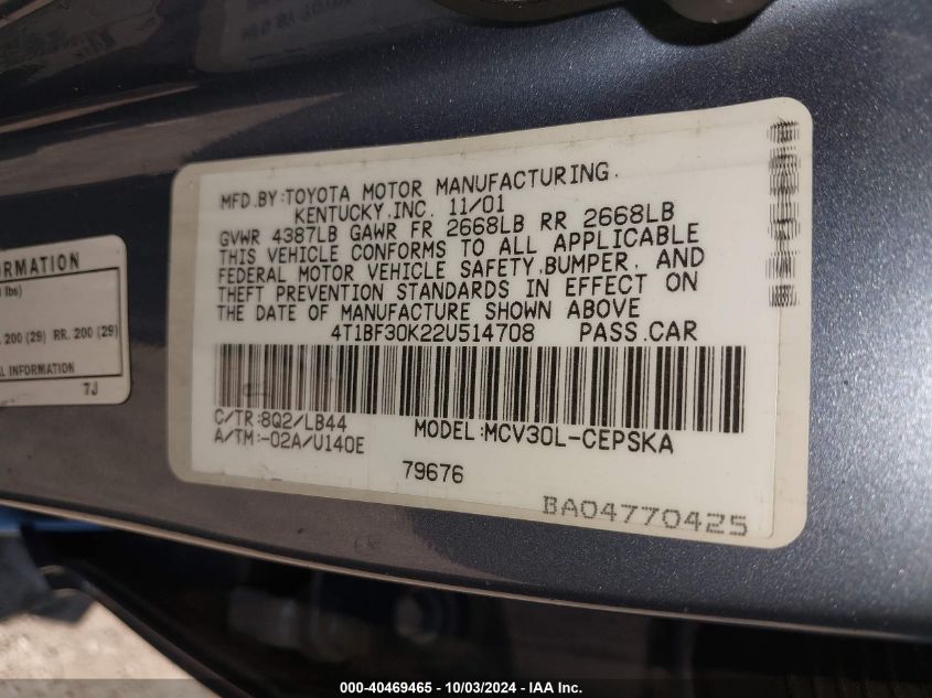 4T1BF30K22U514708 2002 Toyota Camry Se V6