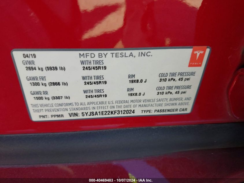 2019 Tesla Model S 100D/75D/Long Range/Standard Range VIN: 5YJSA1E22KF312024 Lot: 40469483