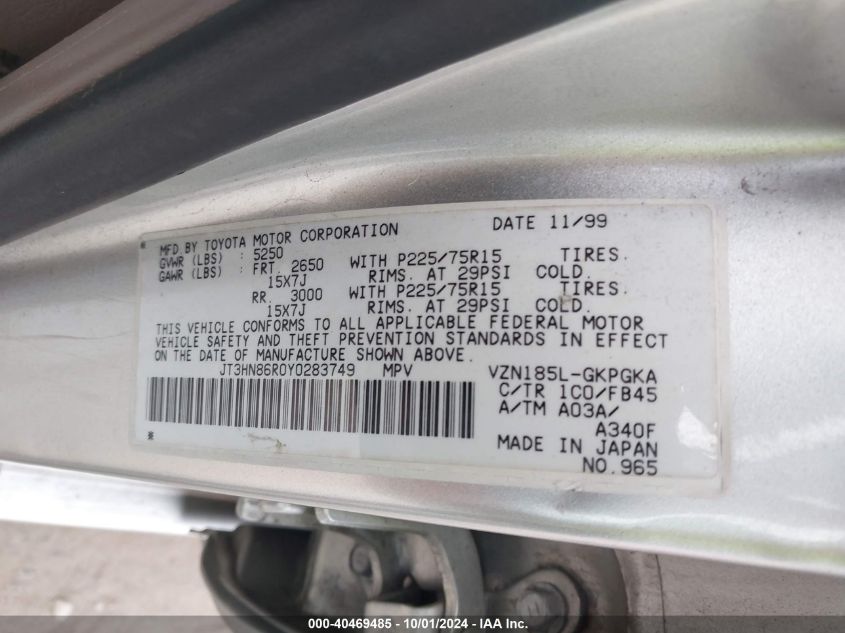 JT3HN86R0Y0283749 2000 Toyota 4Runner Sr5 V6