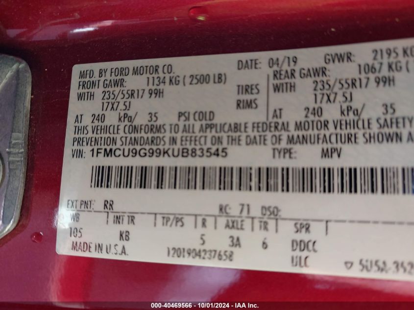 1FMCU9G99KUB83545 2019 Ford Escape Se