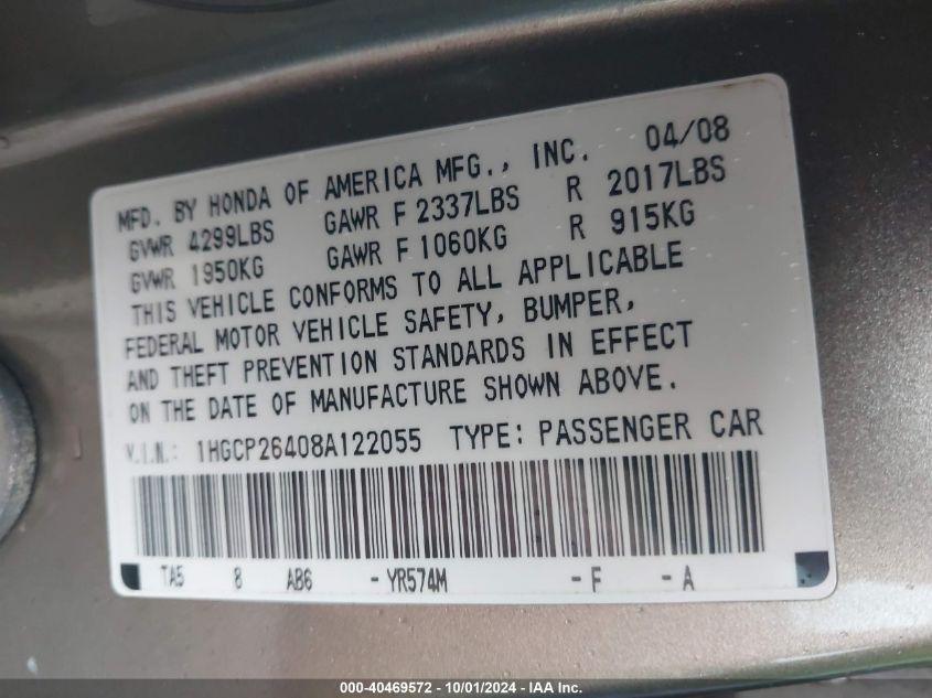 1HGCP26408A122055 2008 Honda Accord Lxp