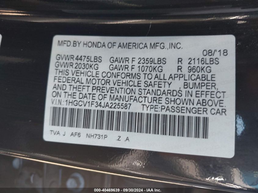 1HGCV1F34JA225587 2018 Honda Accord Sport