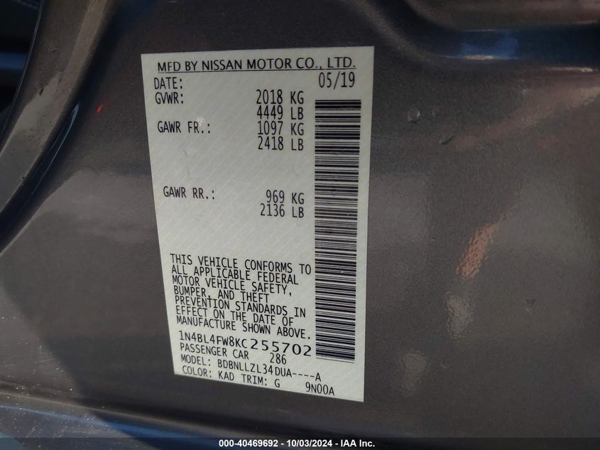 1N4BL4FW8KC255702 2019 Nissan Altima 2.5 Platinum