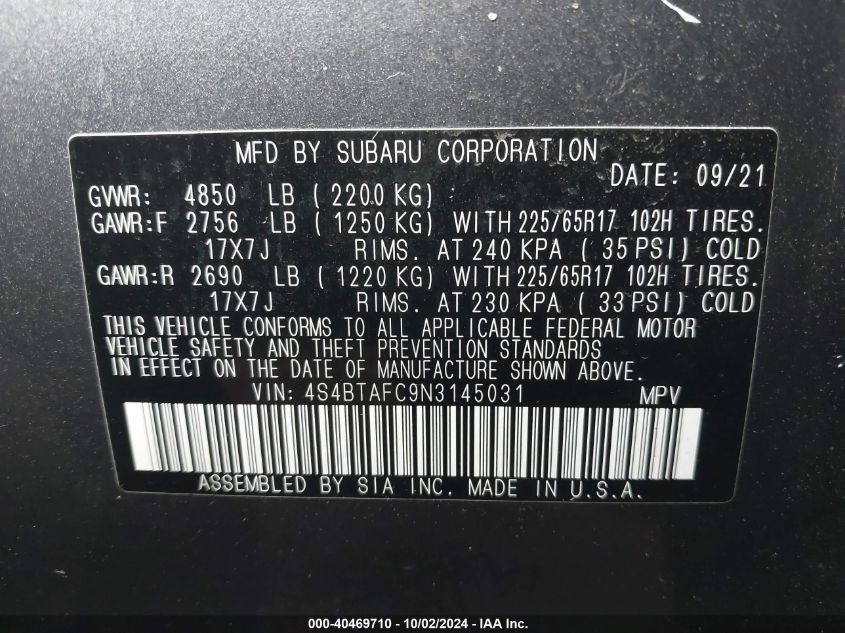 4S4BTAFC9N3145031 2022 Subaru Outback Premium