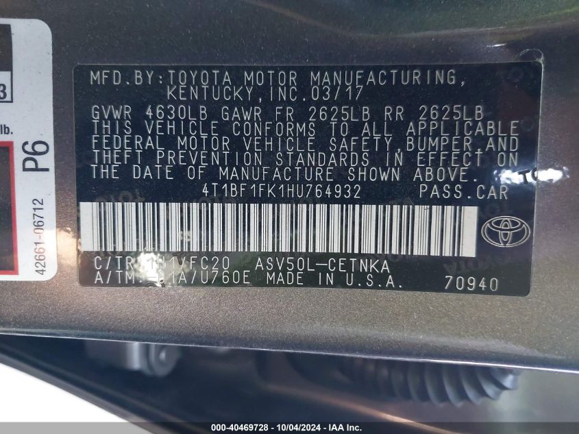 4T1BF1FK1HU764932 2017 Toyota Camry Le