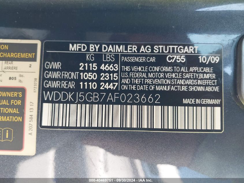 WDDKJ5GB7AF023662 2010 Mercedes-Benz E 350