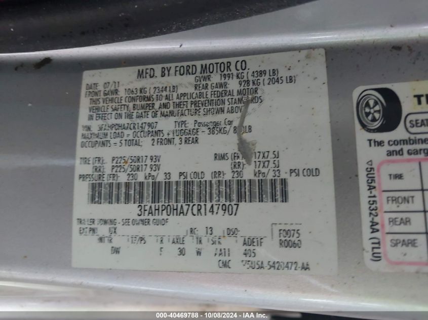 3FAHP0HA7CR147907 2012 Ford Fusion Se