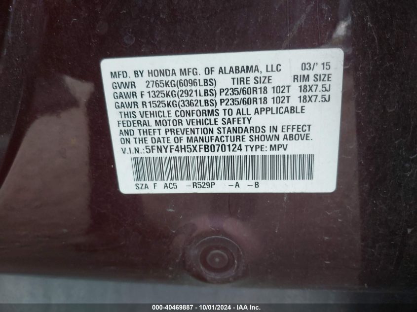 5FNYF4H5XFB070124 2015 Honda Pilot Ex-L