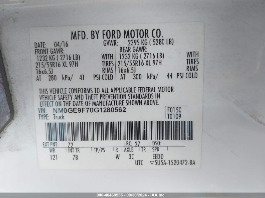 NM0GE9F70G1280562 2016 Ford Transit Connect Xlt