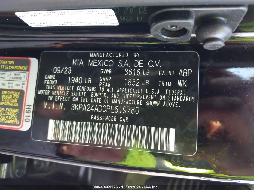 2023 Kia Rio Lx VIN: 3KPA24AD0PE619786 Lot: 40469976