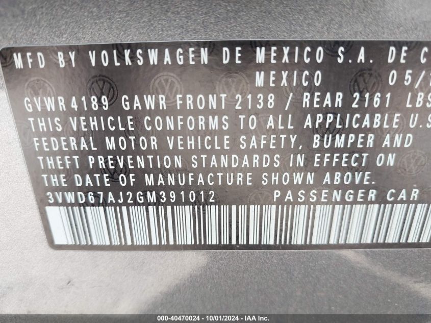 3VWD67AJ2GM391012 2016 Volkswagen Jetta Se