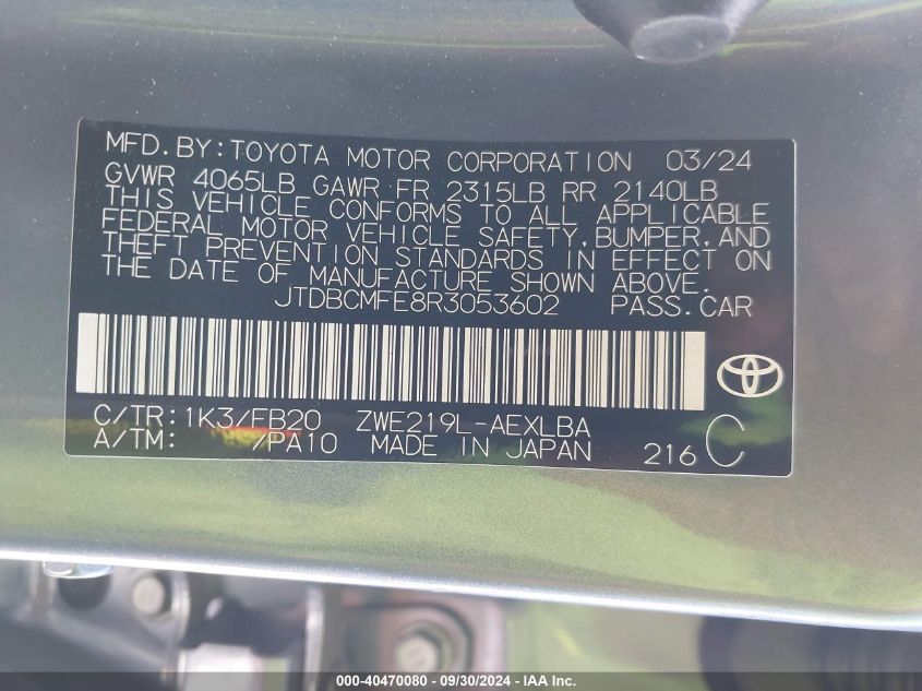 2024 Toyota Corolla Hybrid Le VIN: JTDBCMFE8R3053602 Lot: 40470080