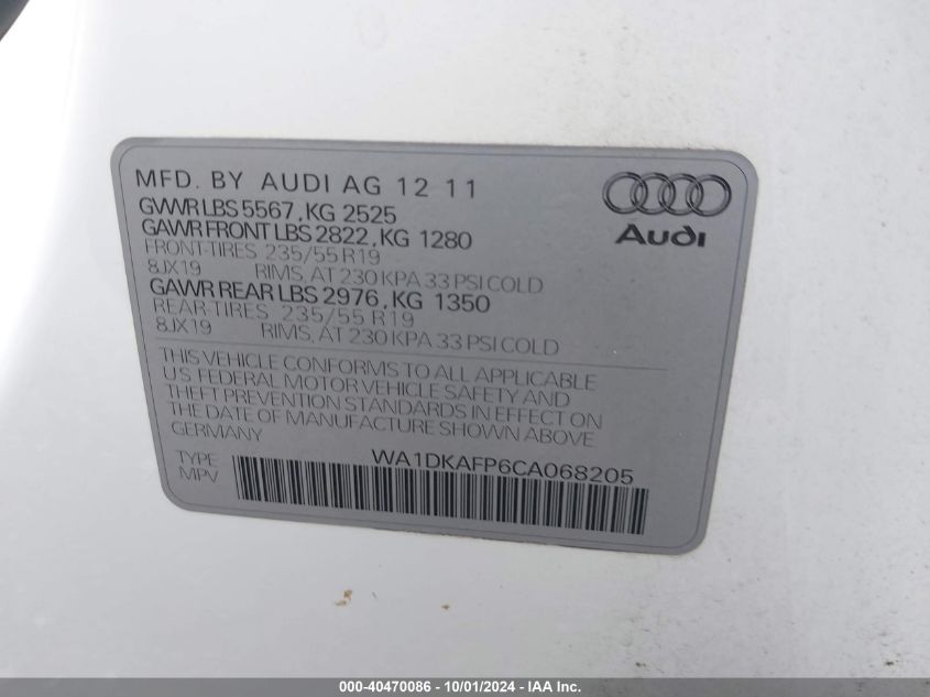 2012 Audi Q5 3.2 Premium Plus VIN: WA1DKAFP6CA068205 Lot: 40470086