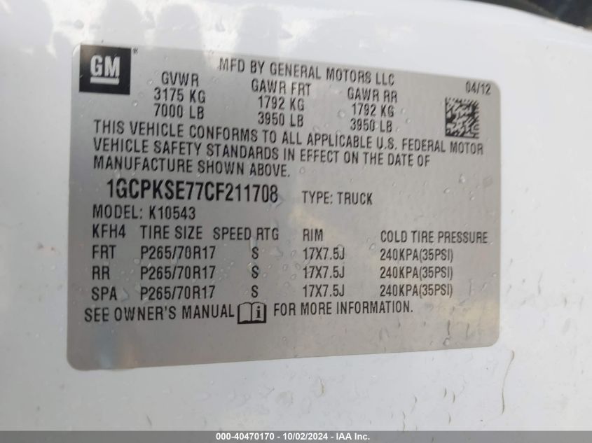 1GCPKSE77CF211708 2012 Chevrolet Silverado 1500 Lt