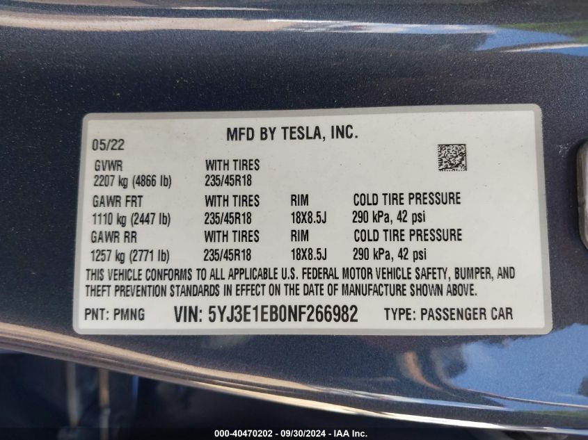 2022 Tesla Model 3 Long Range Dual Motor All-Wheel Drive VIN: 5YJ3E1EB0NF266982 Lot: 40470202