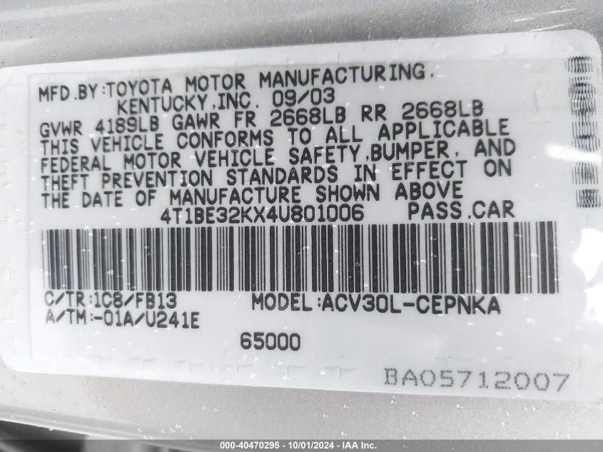 4T1BE32KX4U801006 2004 Toyota Camry Le