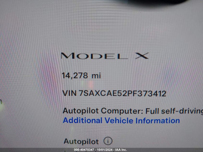 2023 Tesla Model X Dual Motor All-Wheel Drive/Standard Range VIN: 7SAXCAE52PF373412 Lot: 40470347