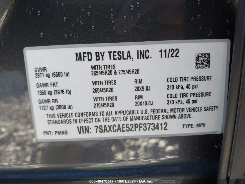 2023 Tesla Model X Dual Motor All-Wheel Drive/Standard Range VIN: 7SAXCAE52PF373412 Lot: 40470347