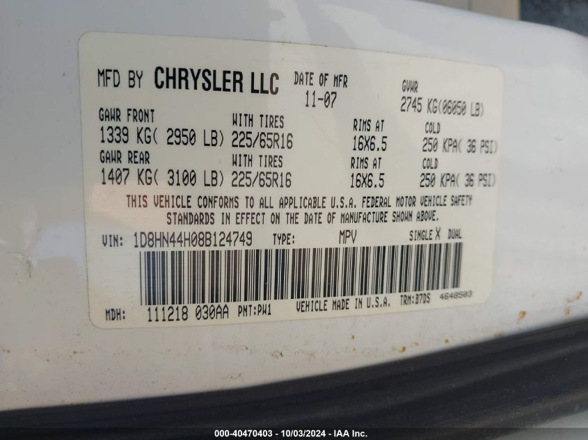 2008 Dodge Grand Caravan Se VIN: 1D8HN44H08B124749 Lot: 40470403