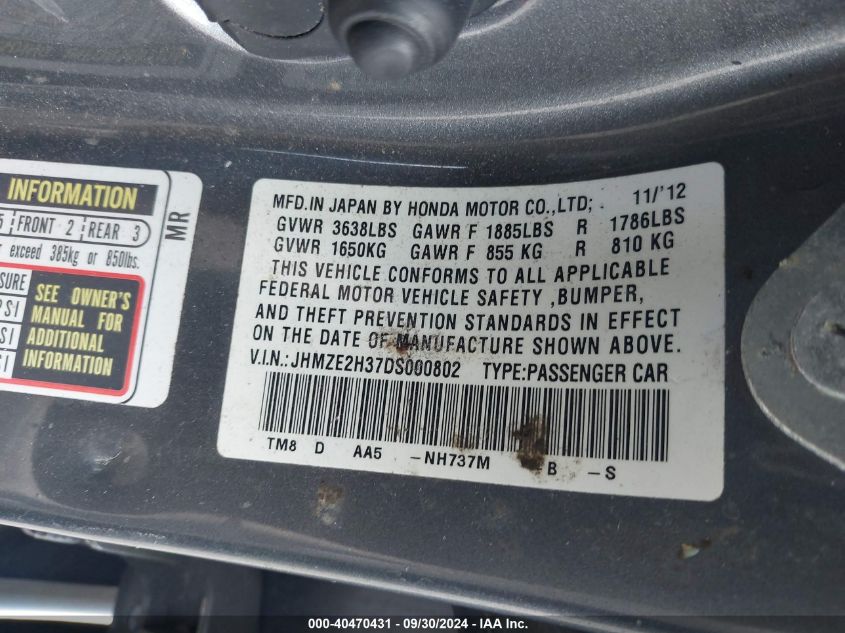 JHMZE2H37DS000802 2013 Honda Insight