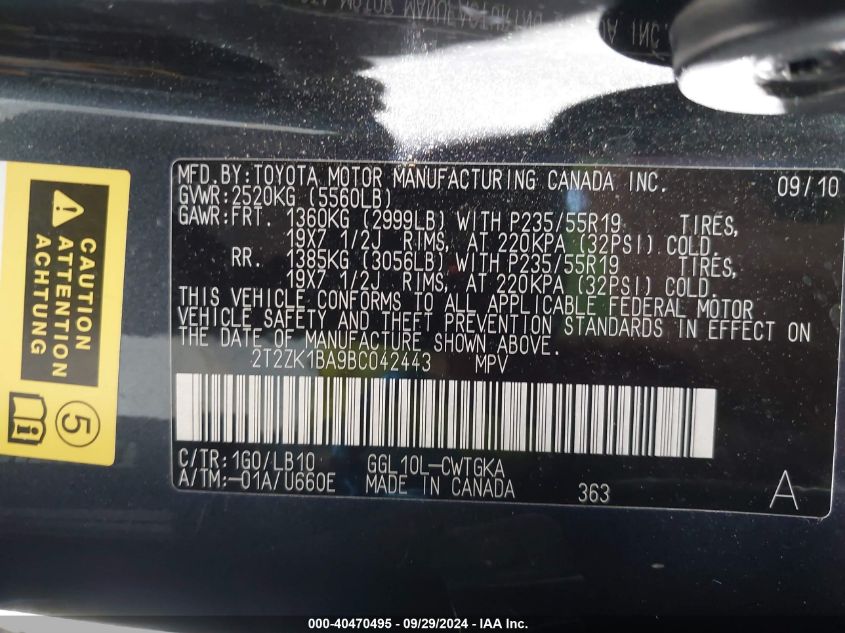 2T2ZK1BA9BC042443 2011 Lexus Rx 350