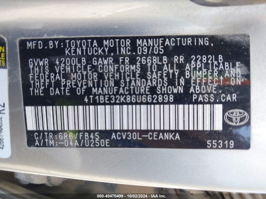 4T1BE32K86U662898 2006 Toyota Camry Le