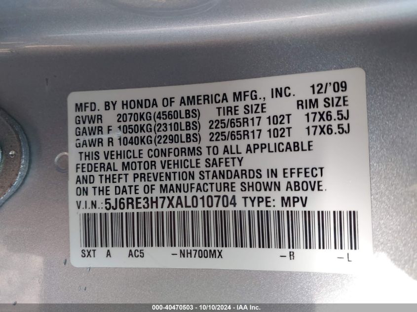 2010 Honda Cr-V Ex-L VIN: 5J6RE3H7XAL010704 Lot: 40470503