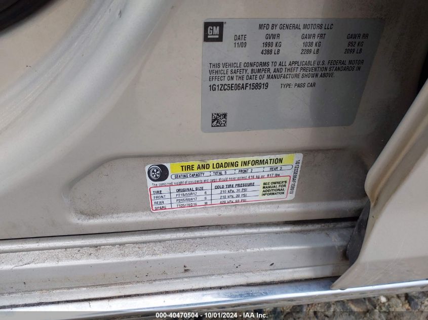 2010 Chevrolet Malibu Lt VIN: 1G1ZC5E06AF158919 Lot: 40470504