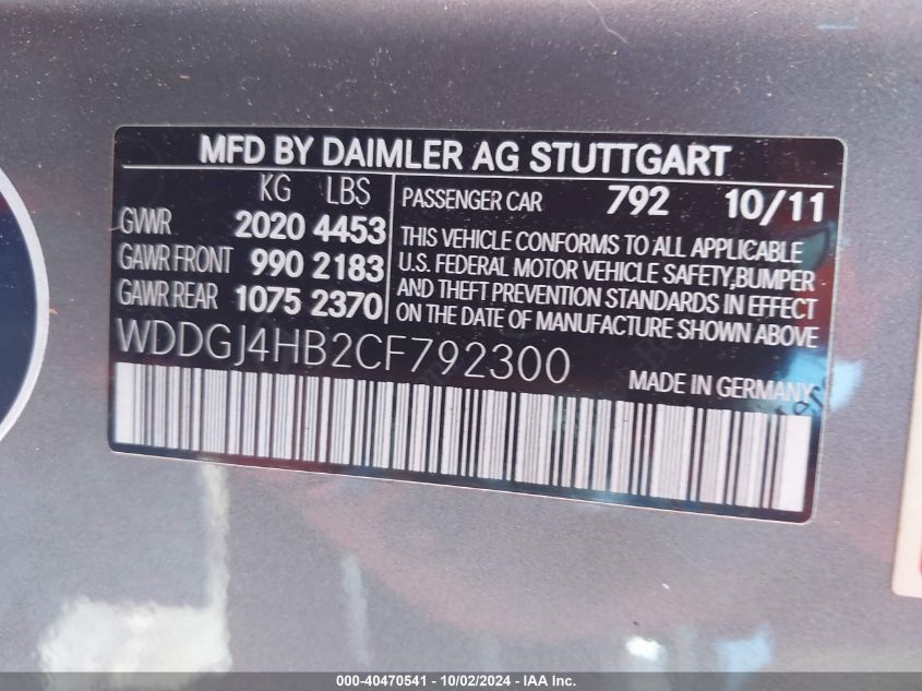 2012 Mercedes-Benz C 250 VIN: WDDGJ4HB2CF792300 Lot: 40470541