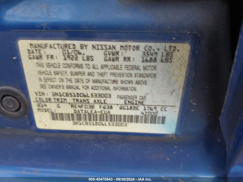 3N1CB51DO6L533003 2006 Nissan Sentra 1.8S