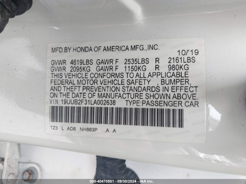 19UUB2F31LA002638 2020 Acura Tlx Standard