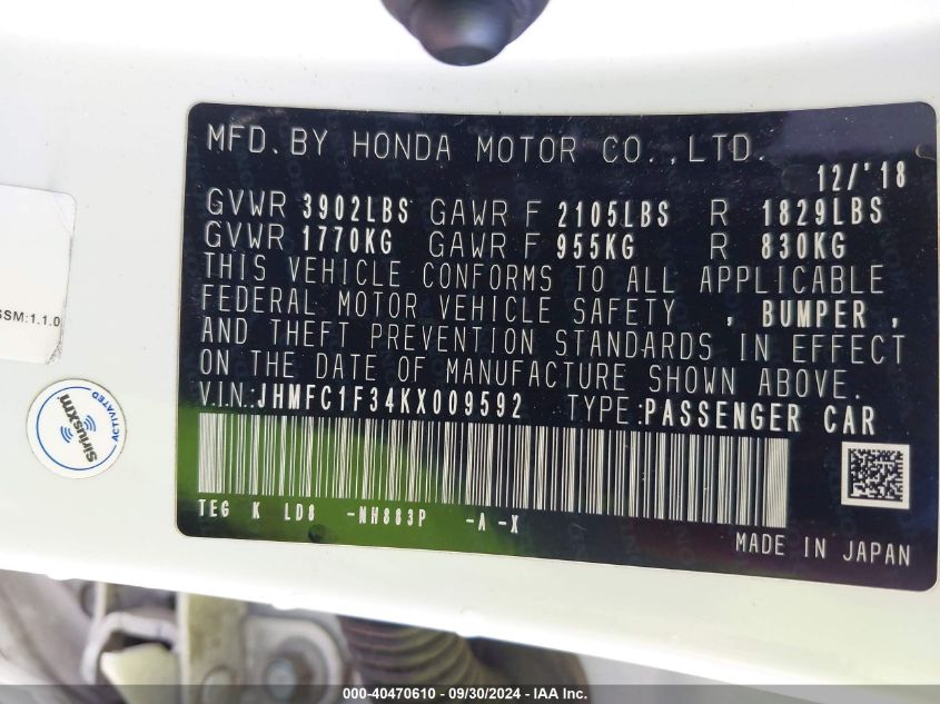 JHMFC1F34KX009592 2019 Honda Civic Ex