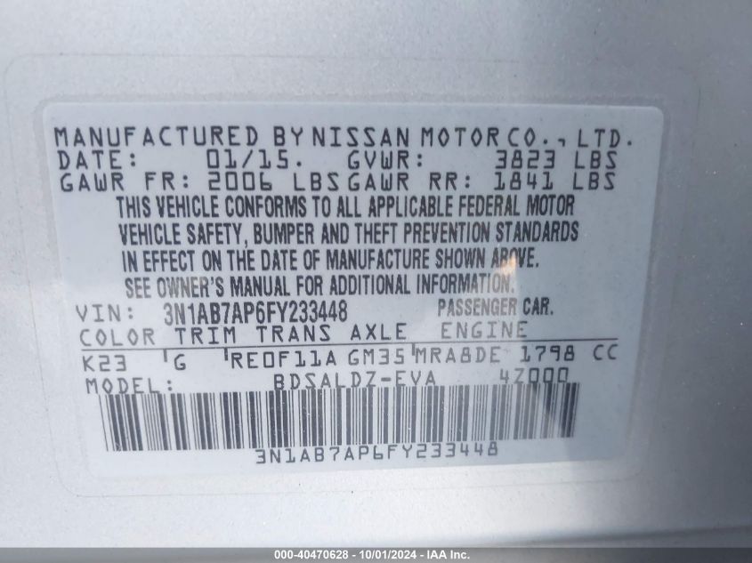 3N1AB7AP6FY233448 2015 Nissan Sentra S/Sv/Sr/Sl