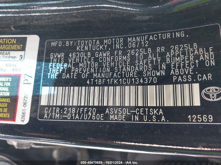 4T1BF1FK1CU134370 2012 Toyota Camry Se