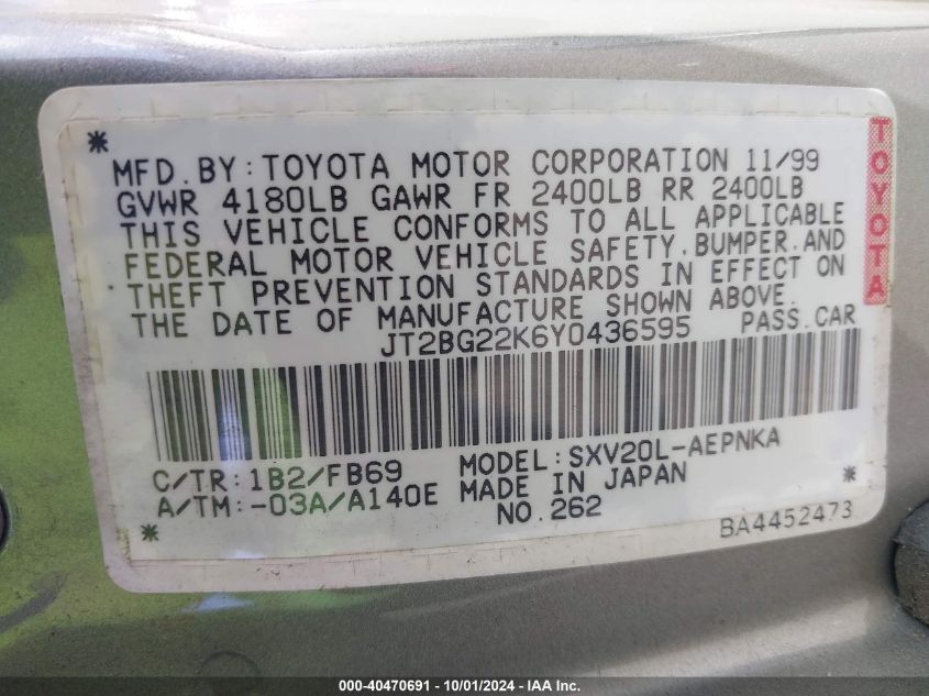 JT2BG22K6Y0436595 2000 Toyota Camry Ce/Le/Xle