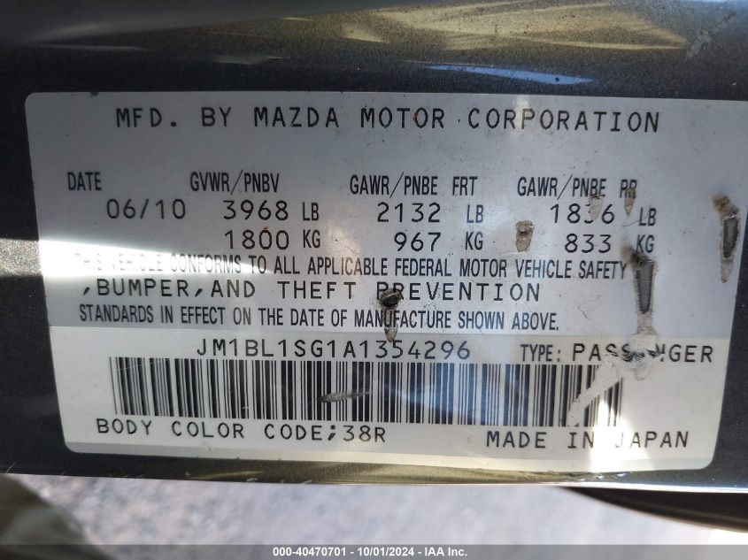 2010 Mazda 3 I VIN: JM1BL1SG1A1354296 Lot: 40470701