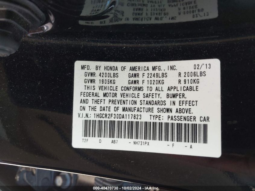 1HGCR2F30DA117823 2013 Honda Accord Lx