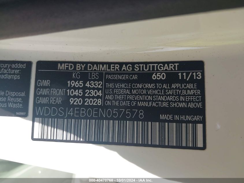 WDDSJ4EB0EN057578 2014 Mercedes-Benz Cla 250