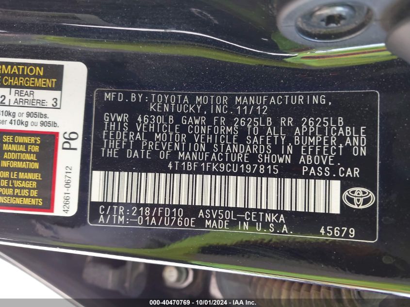 4T1BF1FK9CU197815 2012 Toyota Camry Se/Le/Xle