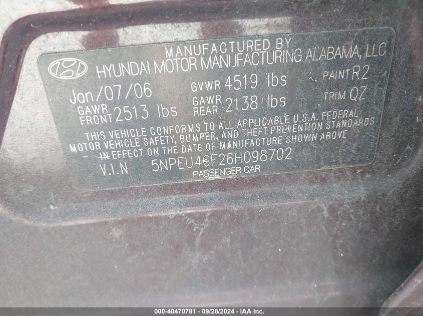 5NPEU46F26H098702 2006 Hyundai Sonata Gls V6/Lx V6