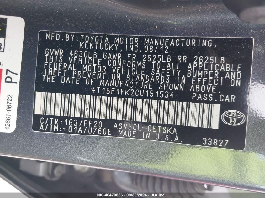 4T1BD1FK8CU029461 2012 Toyota Camry Hybrid Xle